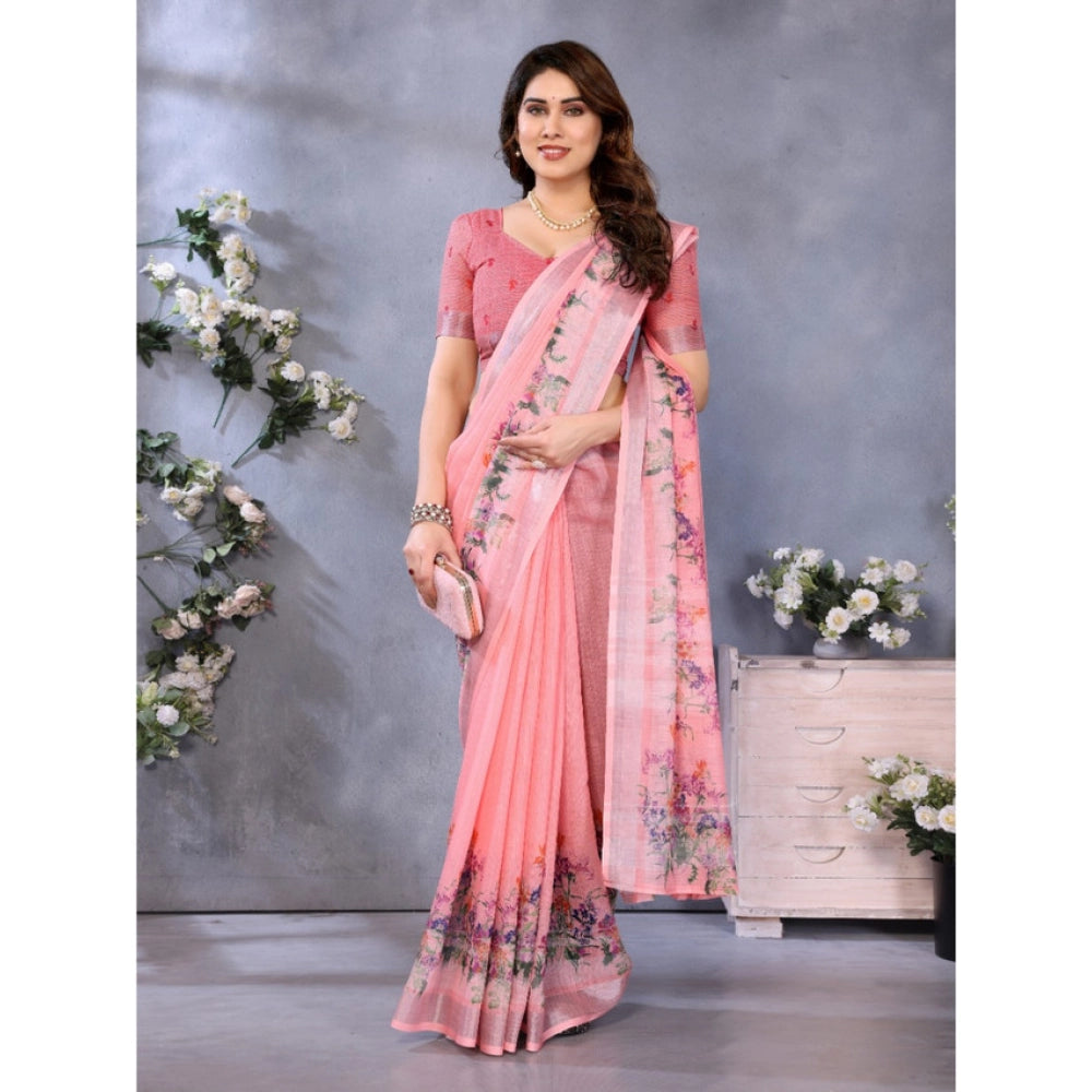 Women's Linen Cotton  Printed Saree With Unstitched Blouse 5.5Mtr闁?Peach)