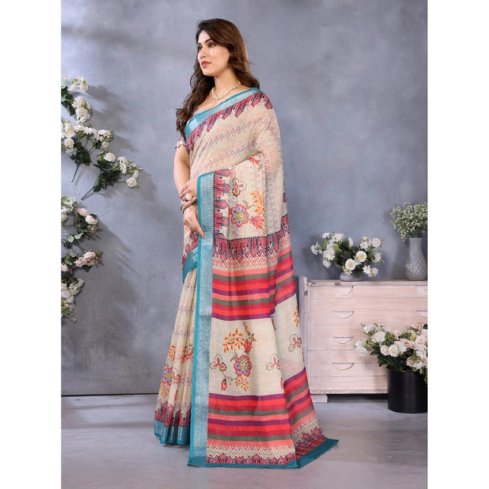 Women's Linen Cotton  Printed Saree With Unstitched Blouse 5.5Mtr闁?Cream)