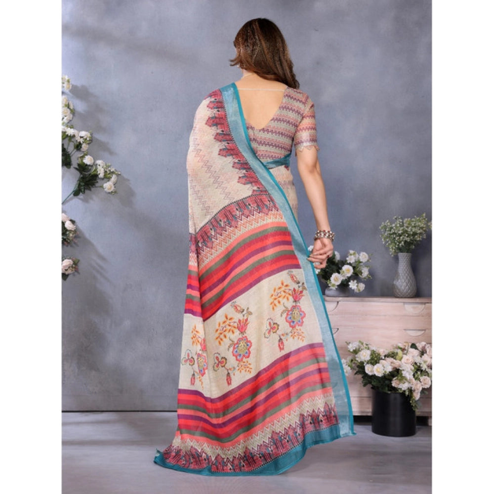 Women's Linen Cotton  Printed Saree With Unstitched Blouse 5.5Mtr闁?Cream)