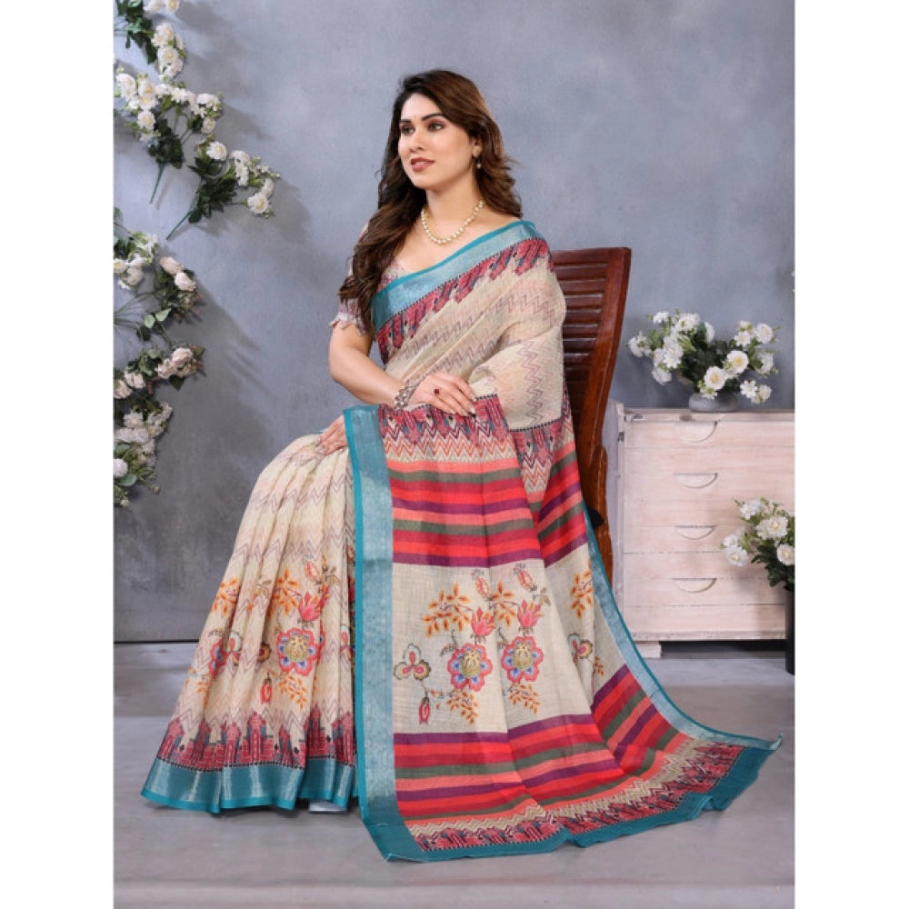 Women's Linen Cotton  Printed Saree With Unstitched Blouse 5.5Mtr闁?Cream)