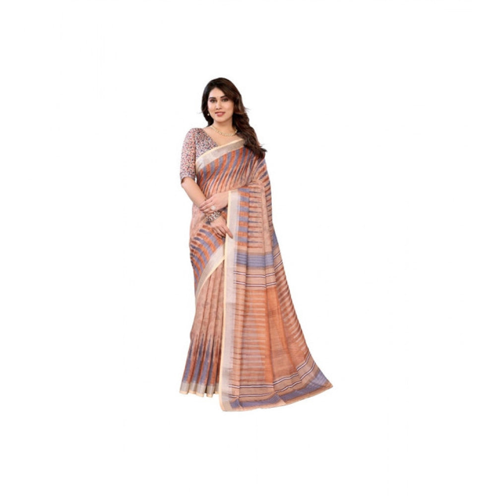 Women's Linen Cotton  Printed Saree With Unstitched Blouse 5.5Mtr闁?Brown)