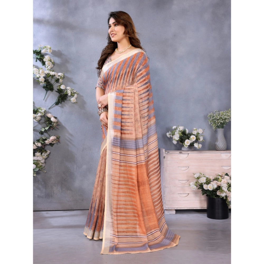 Women's Linen Cotton  Printed Saree With Unstitched Blouse 5.5Mtr闁?Brown)