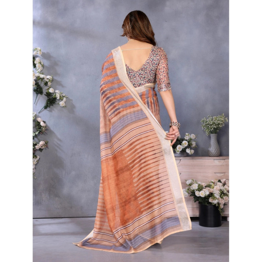 Women's Linen Cotton  Printed Saree With Unstitched Blouse 5.5Mtr闁?Brown)