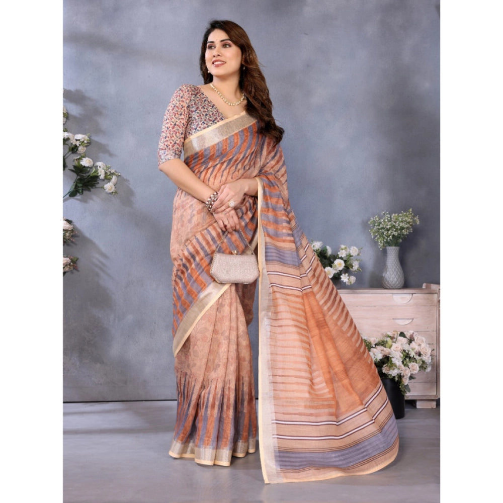 Women's Linen Cotton  Printed Saree With Unstitched Blouse 5.5Mtr闁?Brown)