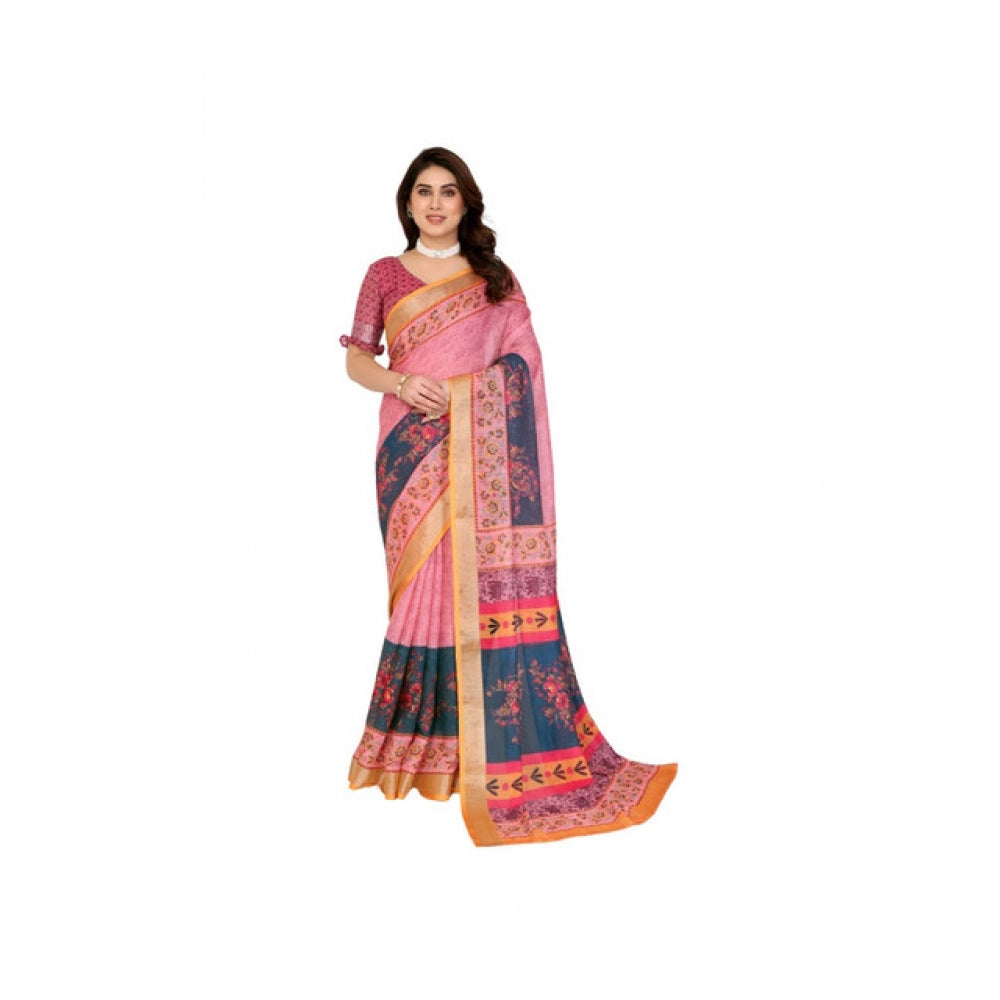 Women's Linen Cotton  Printed Saree With Unstitched Blouse 5.5Mtr闁?Pink)