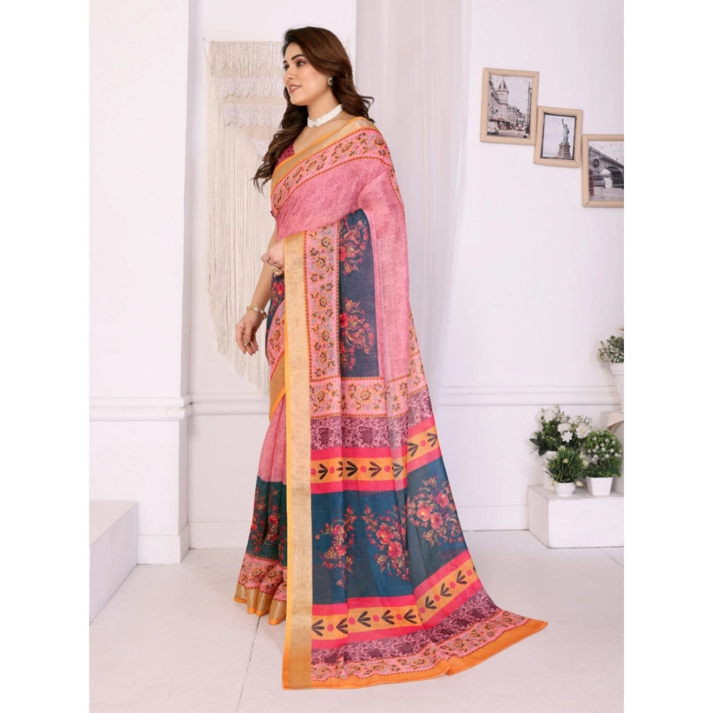 Women's Linen Cotton  Printed Saree With Unstitched Blouse 5.5Mtr闁?Pink)