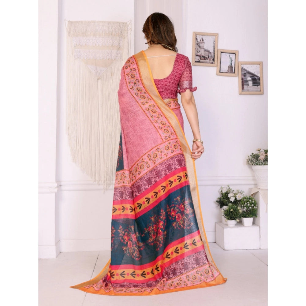 Women's Linen Cotton  Printed Saree With Unstitched Blouse 5.5Mtr闁?Pink)