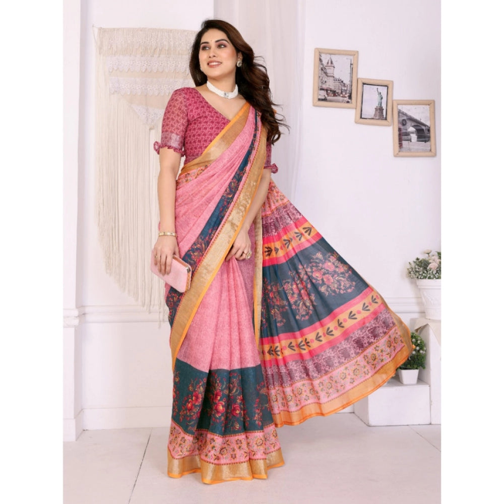 Women's Linen Cotton  Printed Saree With Unstitched Blouse 5.5Mtr闁?Pink)