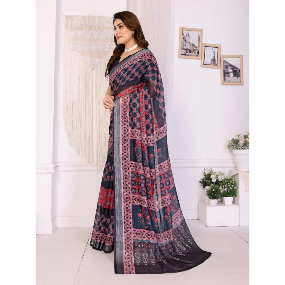 Women's Linen Cotton  Printed Saree With Unstitched Blouse 5.5Mtr闁?Black)