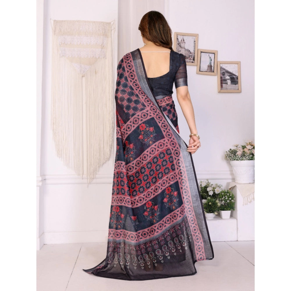 Women's Linen Cotton  Printed Saree With Unstitched Blouse 5.5Mtr闁?Black)
