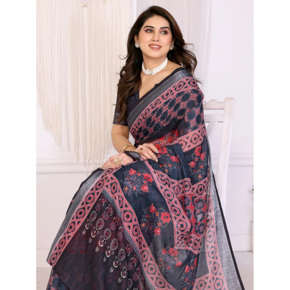 Women's Linen Cotton  Printed Saree With Unstitched Blouse 5.5Mtr闁?Black)