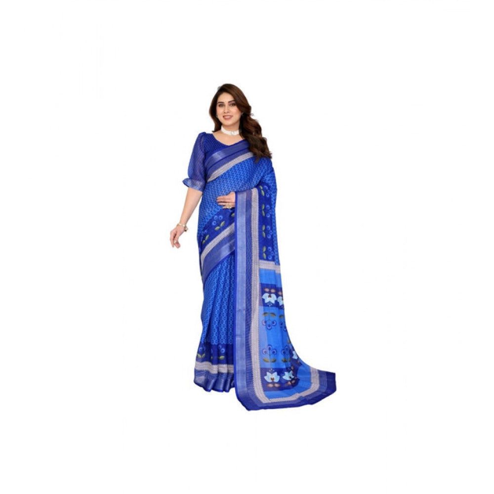 Women's Linen Cotton  Printed Saree With Unstitched Blouse 5.5Mtr闁?Blue)