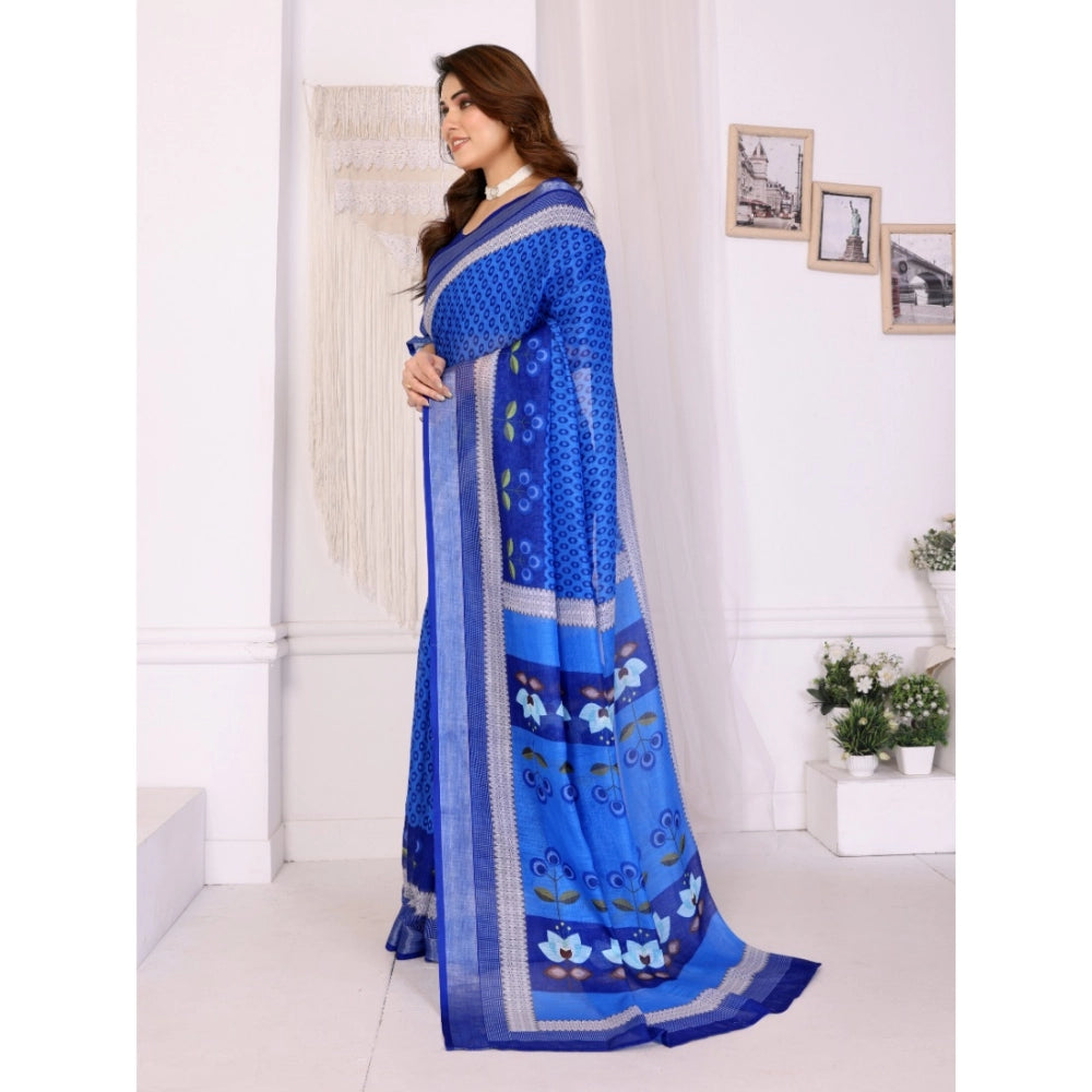 Women's Linen Cotton  Printed Saree With Unstitched Blouse 5.5Mtr闁?Blue)