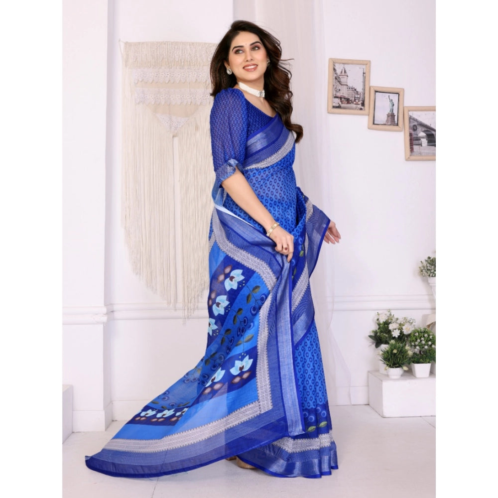 Women's Linen Cotton  Printed Saree With Unstitched Blouse 5.5Mtr闁?Blue)