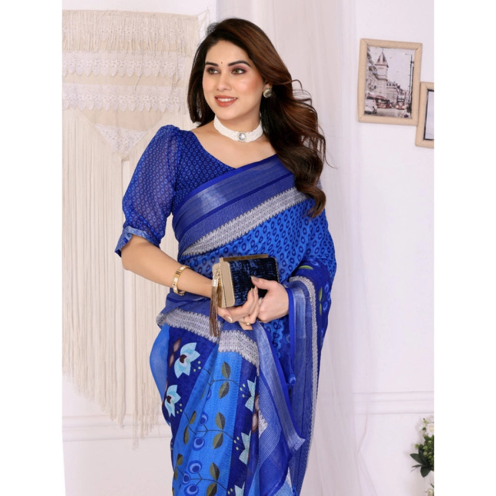 Women's Linen Cotton  Printed Saree With Unstitched Blouse 5.5Mtr闁?Blue)