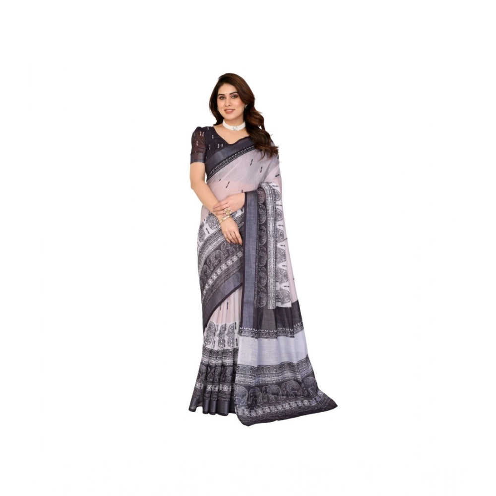Women's Linen Cotton  Printed Saree With Unstitched Blouse 5.5Mtr闁?White &amp; Black)
