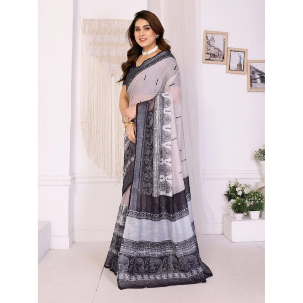 Women's Linen Cotton  Printed Saree With Unstitched Blouse 5.5Mtr闁?White &amp; Black)