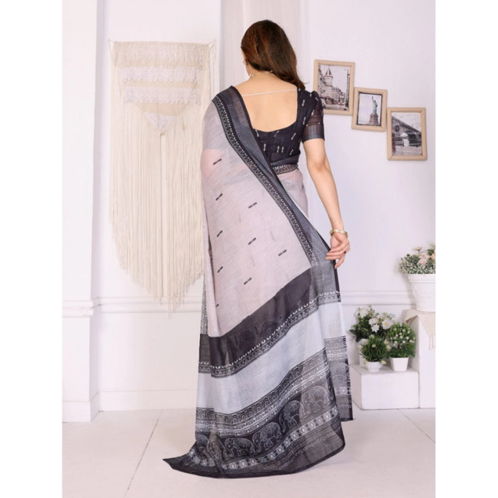 Women's Linen Cotton  Printed Saree With Unstitched Blouse 5.5Mtr闁?White &amp; Black)
