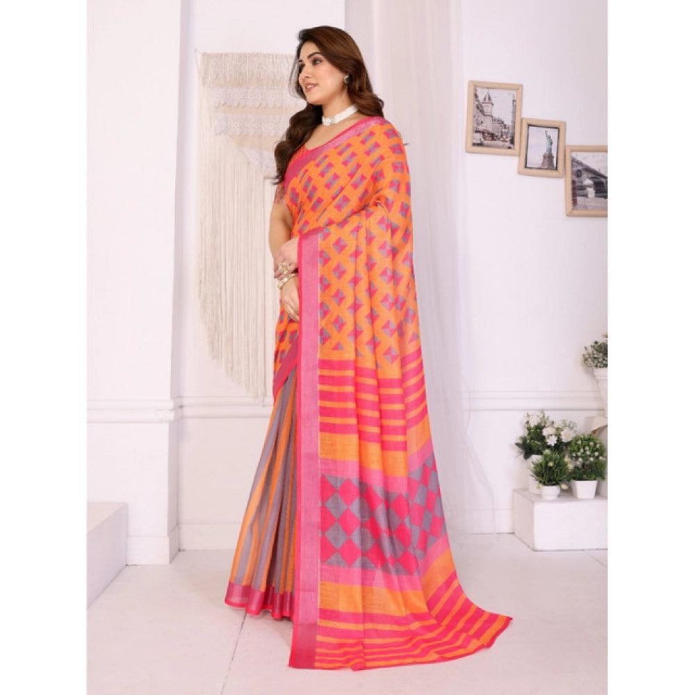 HD Women's Linen Cotton  Printed Saree With Unstitched Blouse 5.5Mtr聽(Orange聽)