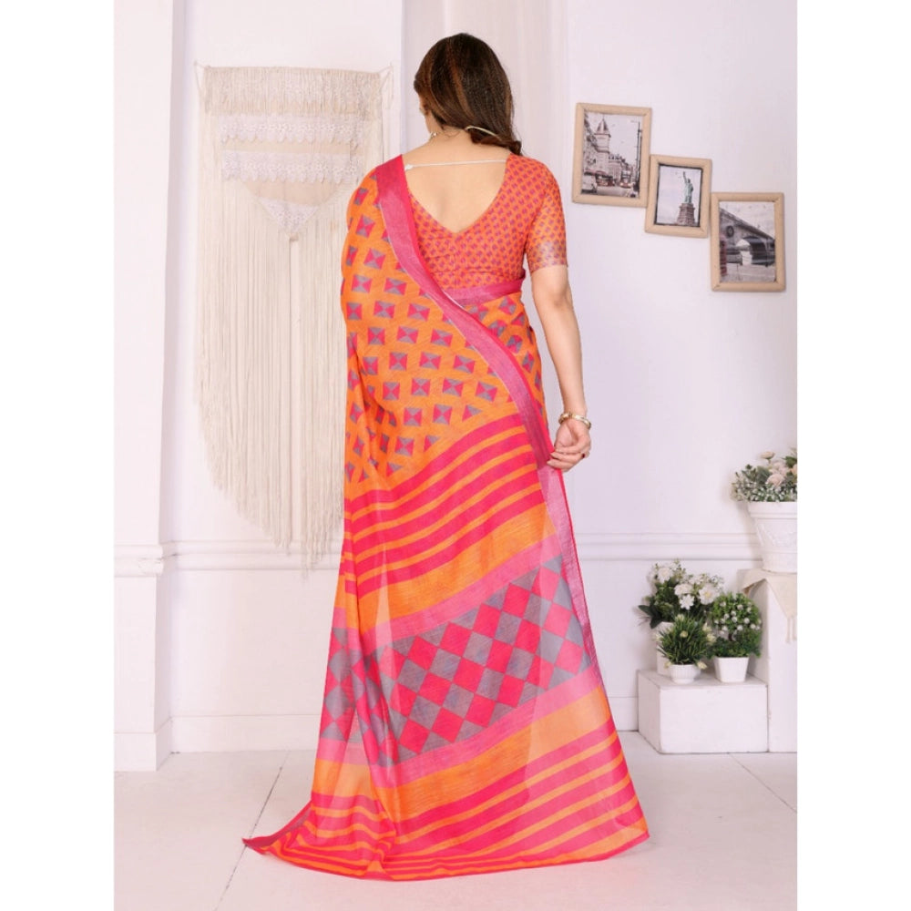 HD Women's Linen Cotton  Printed Saree With Unstitched Blouse 5.5Mtr聽(Orange聽)