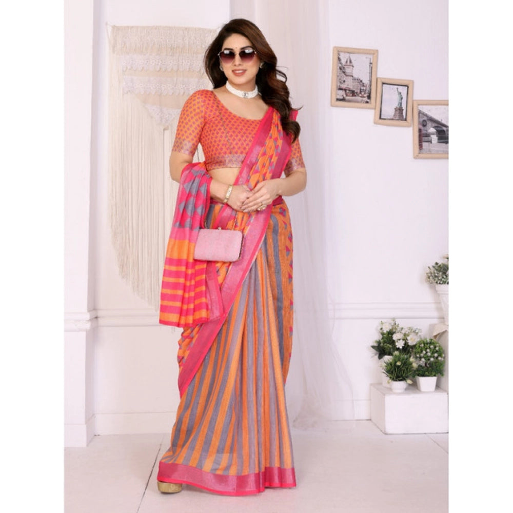 HD Women's Linen Cotton  Printed Saree With Unstitched Blouse 5.5Mtr聽(Orange聽)