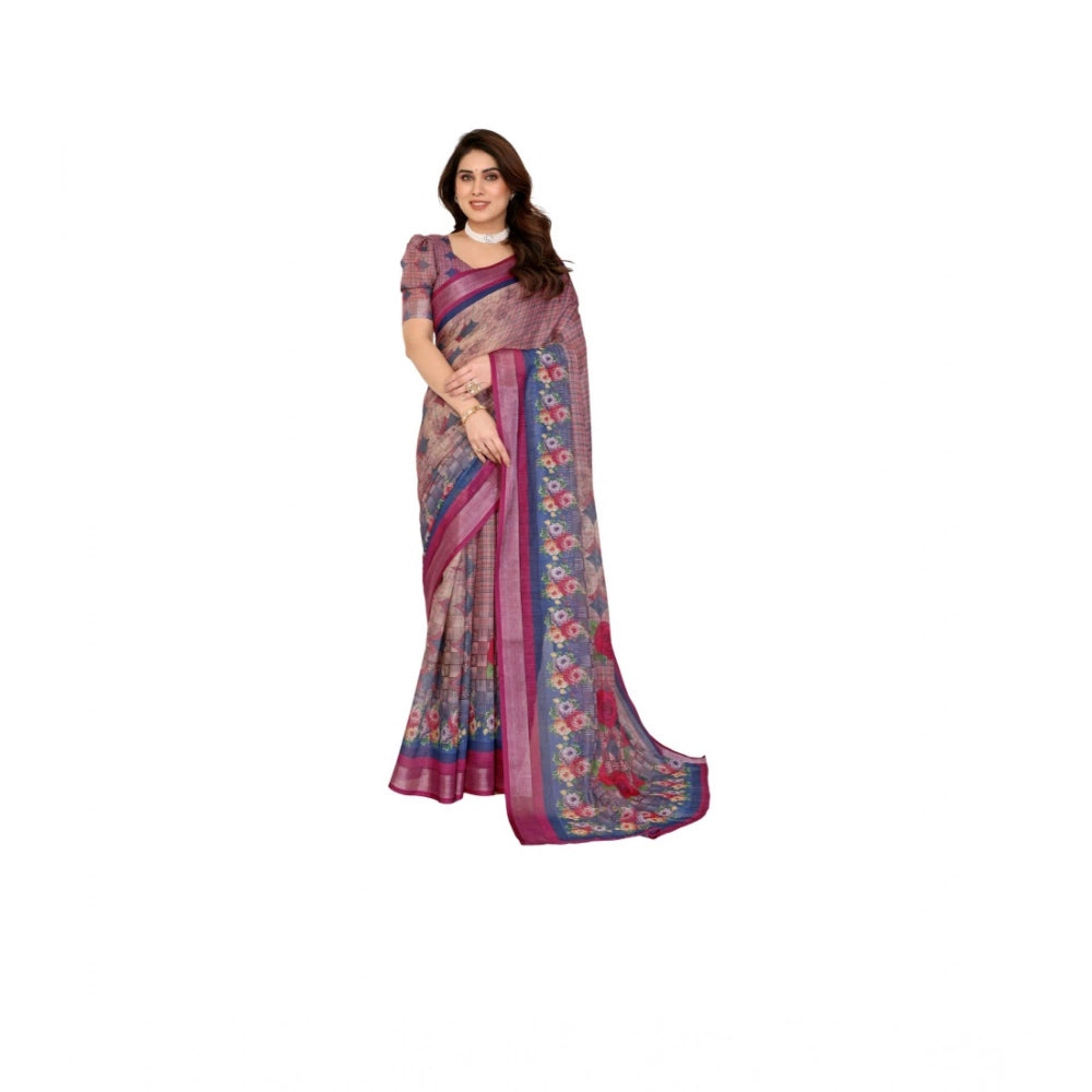 HD Women's Linen Cotton  Printed Saree With Unstitched Blouse 5.5Mtr聽(Wine聽)