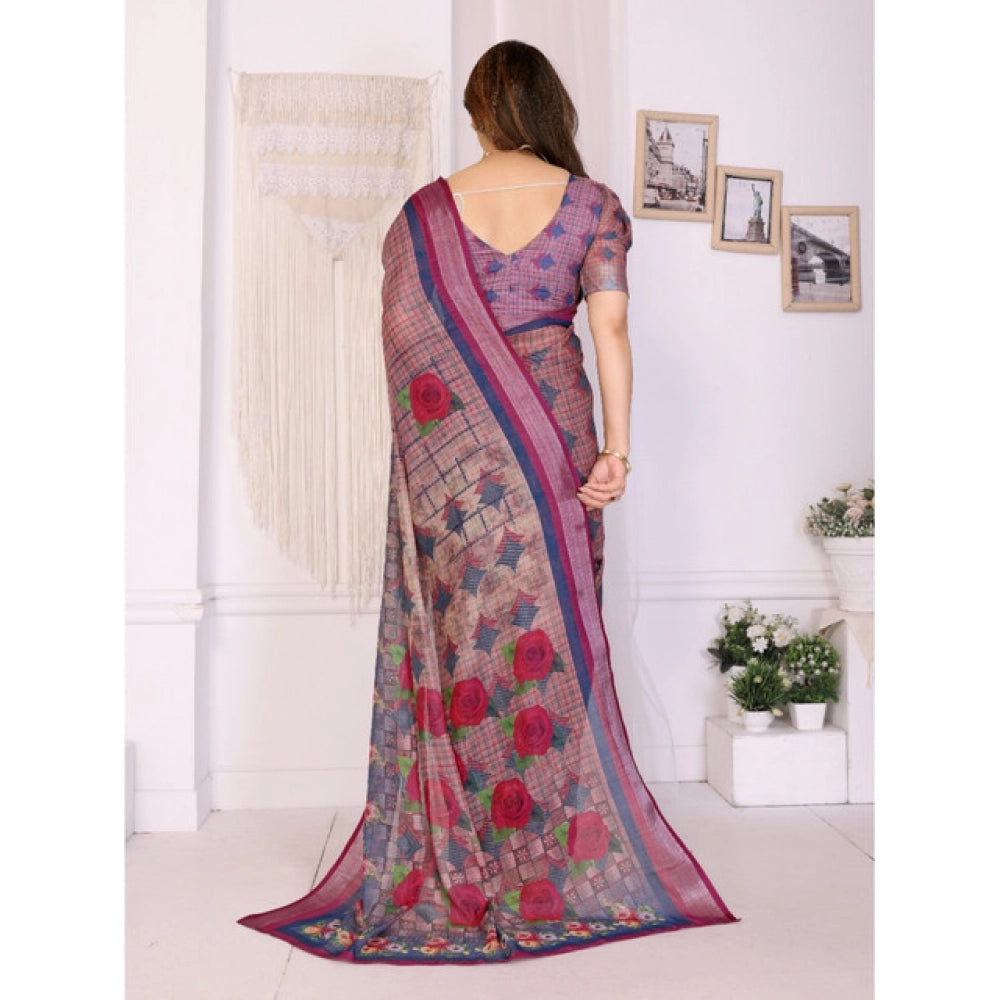 HD Women's Linen Cotton  Printed Saree With Unstitched Blouse 5.5Mtr聽(Wine聽)