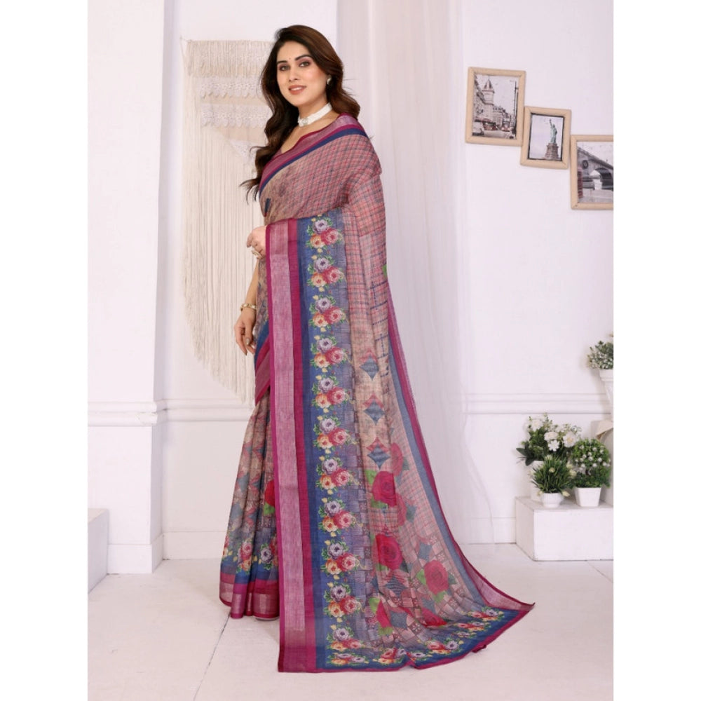 HD Women's Linen Cotton  Printed Saree With Unstitched Blouse 5.5Mtr聽(Wine聽)
