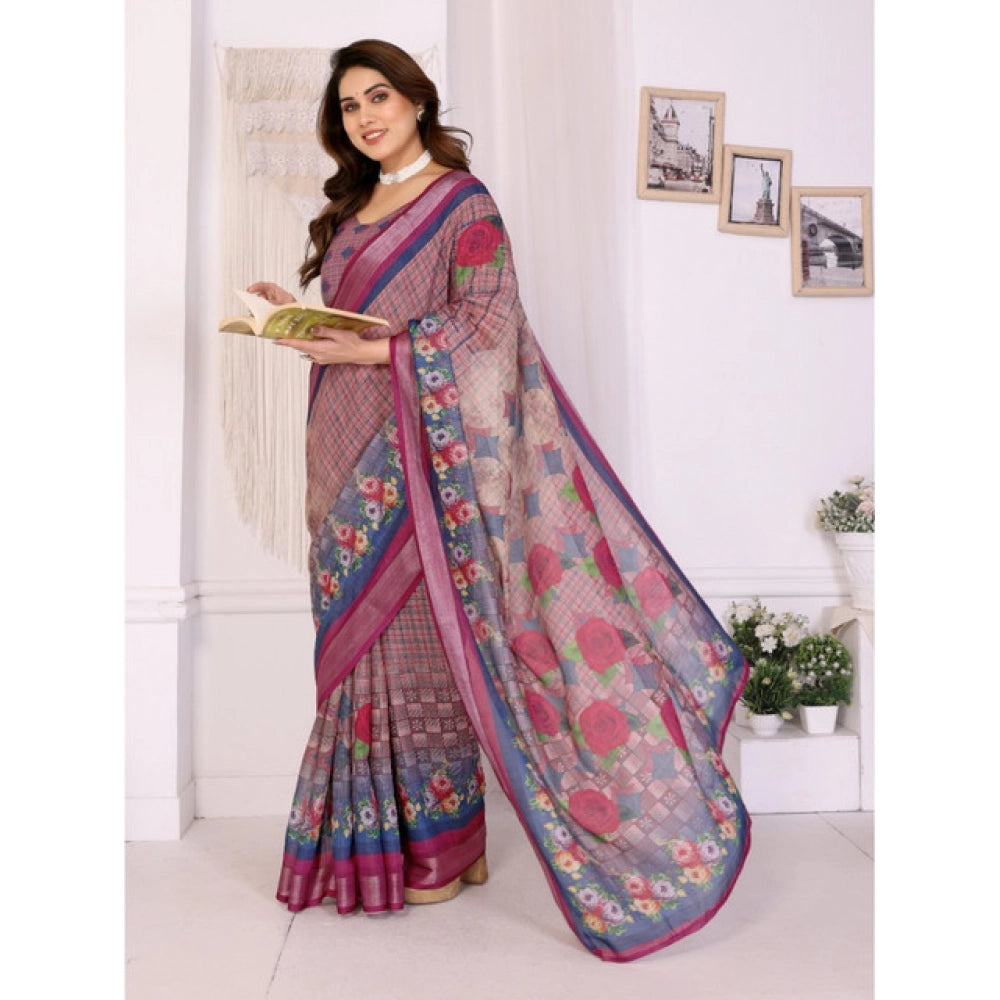 HD Women's Linen Cotton  Printed Saree With Unstitched Blouse 5.5Mtr聽(Wine聽)