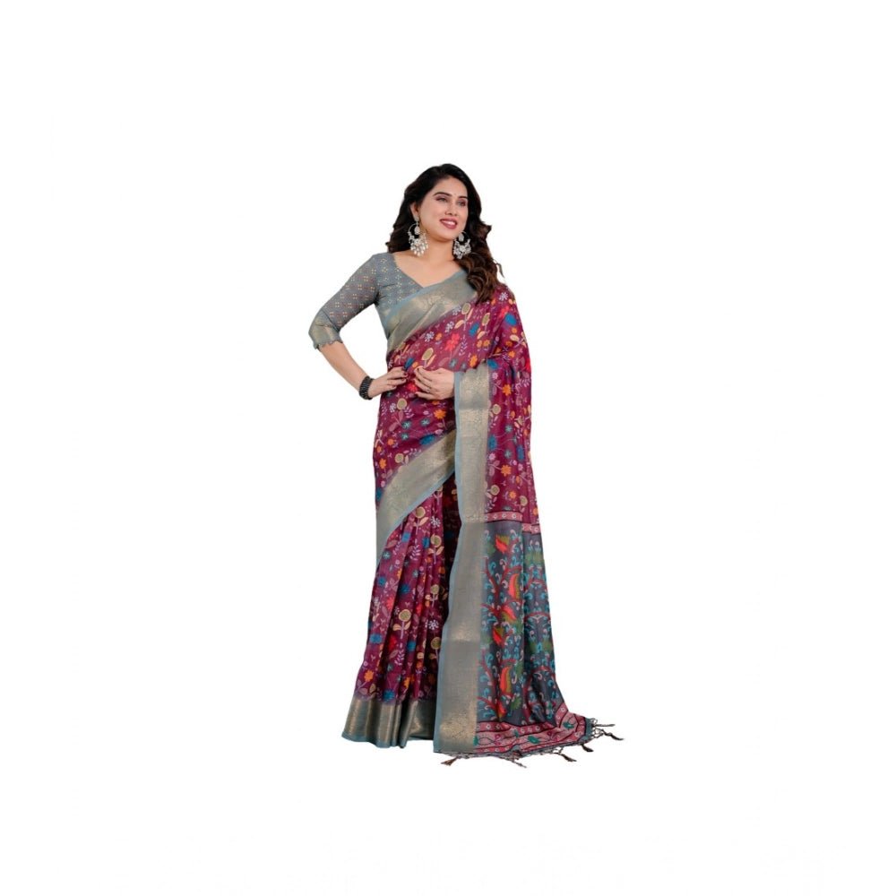 Women's Linen  Printed Saree With Unstitched Blouse 5.5Mtr闁?Purple)