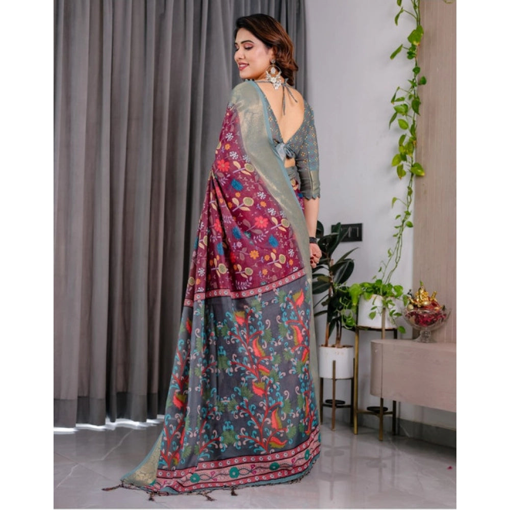 Women's Linen  Printed Saree With Unstitched Blouse 5.5Mtr闁?Purple)