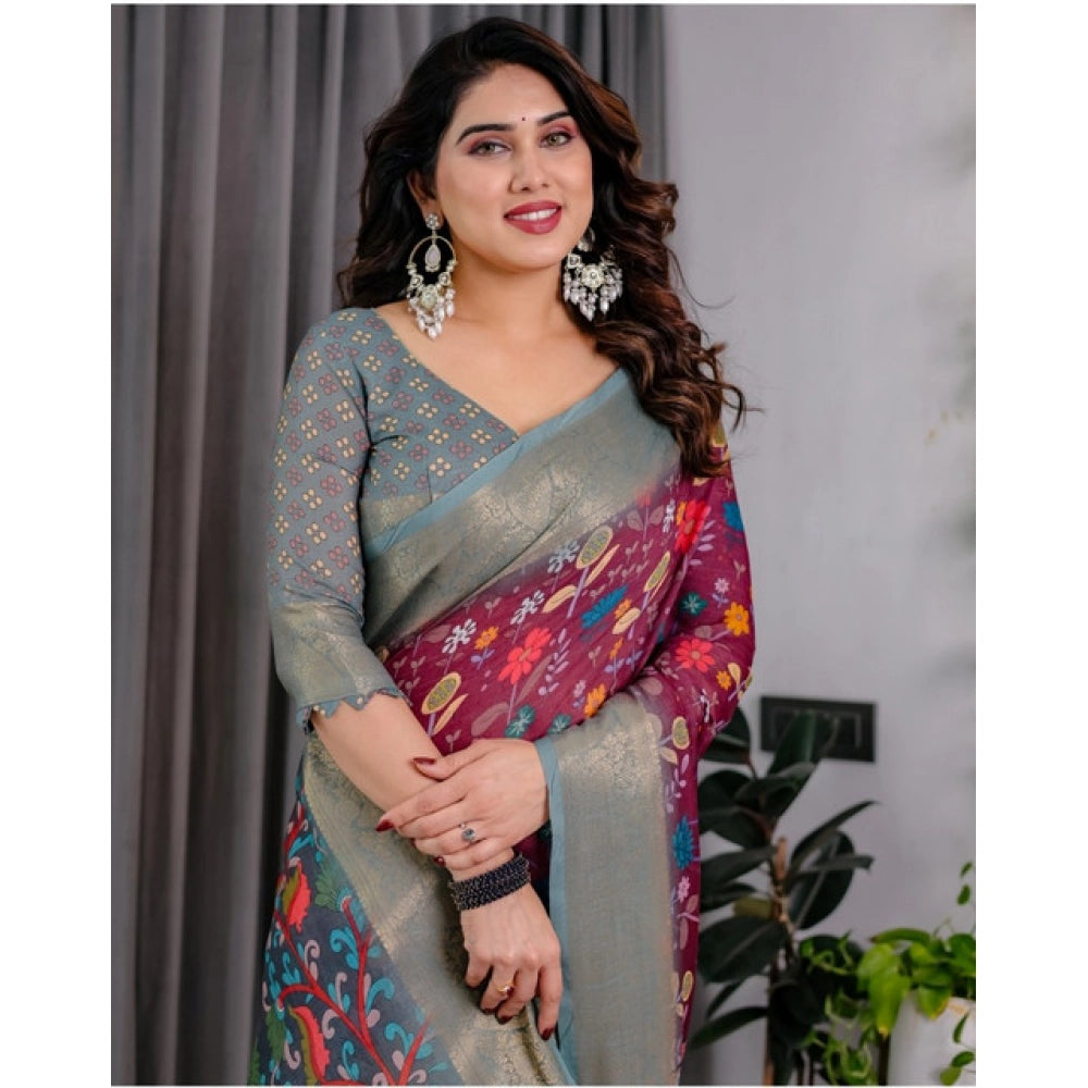 Women's Linen  Printed Saree With Unstitched Blouse 5.5Mtr闁?Purple)