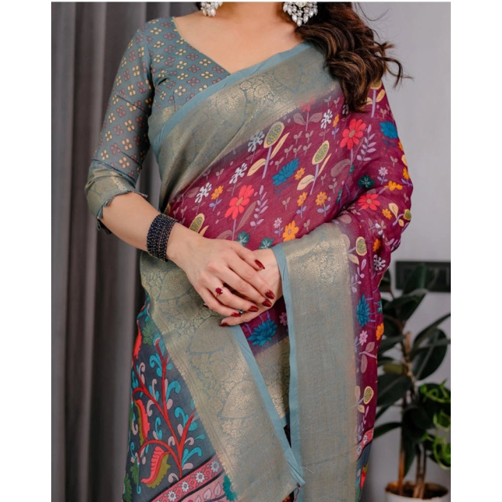 Women's Linen  Printed Saree With Unstitched Blouse 5.5Mtr闁?Purple)