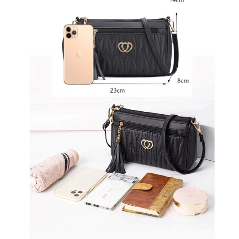 Women's PU Leather Zipper Sling Bag (Black)