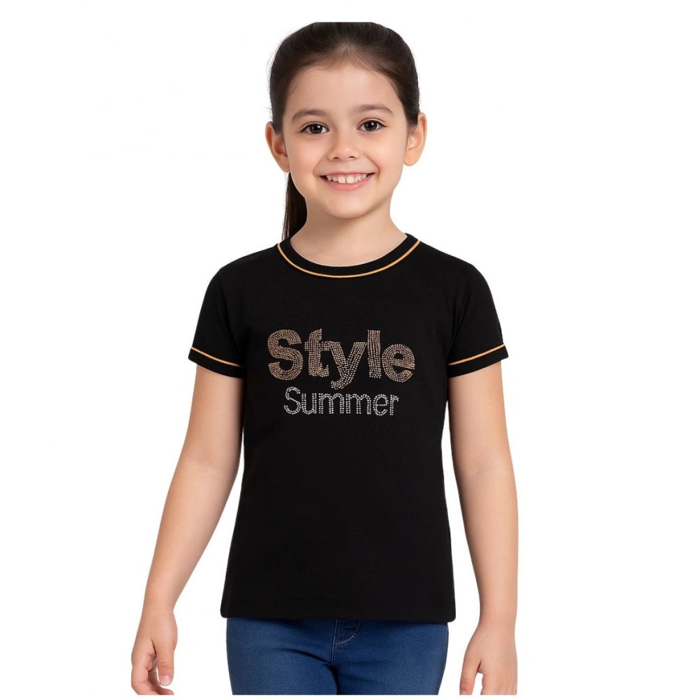 HamariDookan Girl's Cotton Printeded Round Neck T-Shirt (Black)