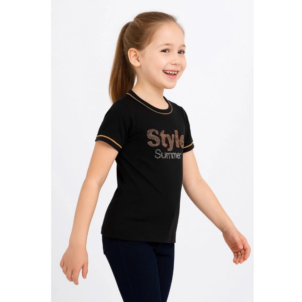 HamariDookan Girl's Cotton Printeded Round Neck T-Shirt (Black)