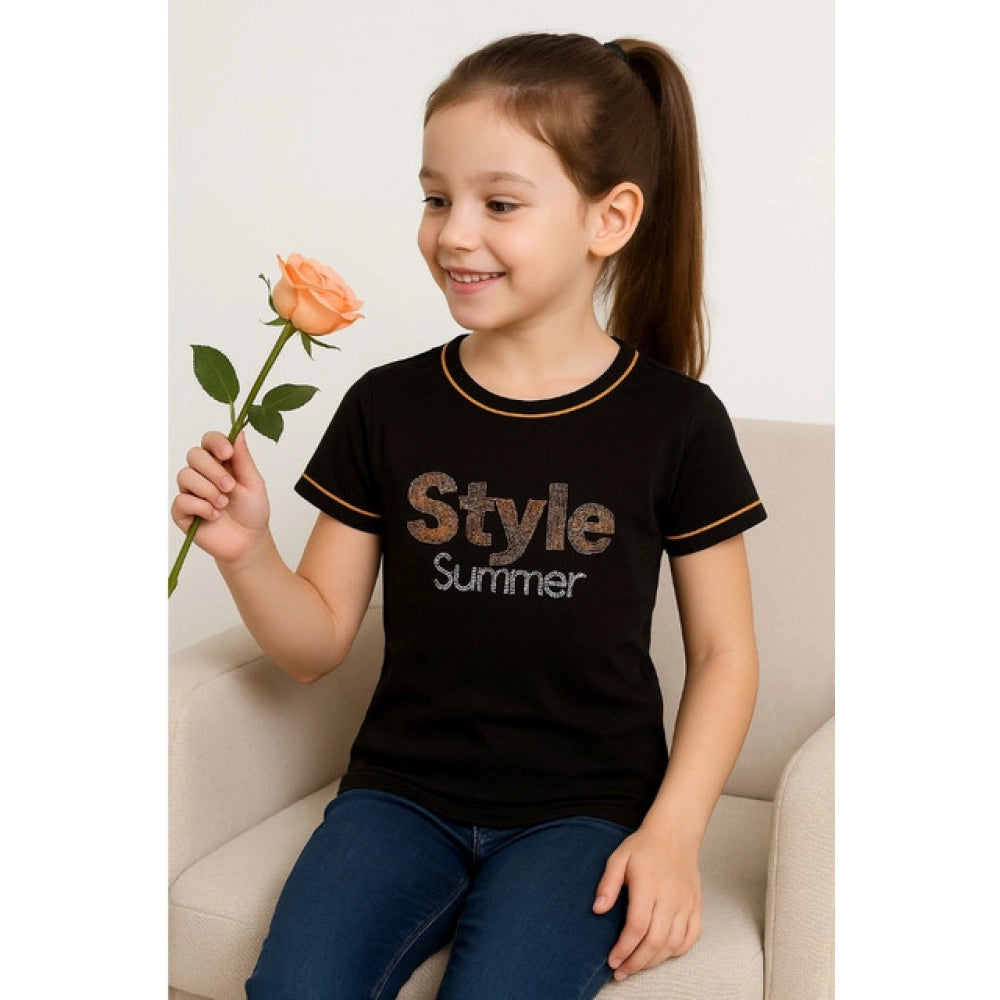 HamariDookan Girl's Cotton Printeded Round Neck T-Shirt (Black)