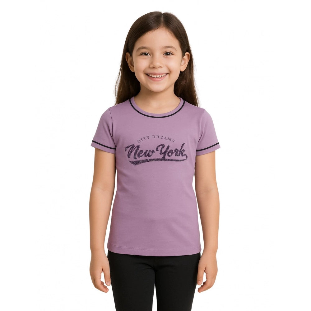 HamariDookan Girl's Cotton Printeded Round Neck T-Shirt (Lavander)
