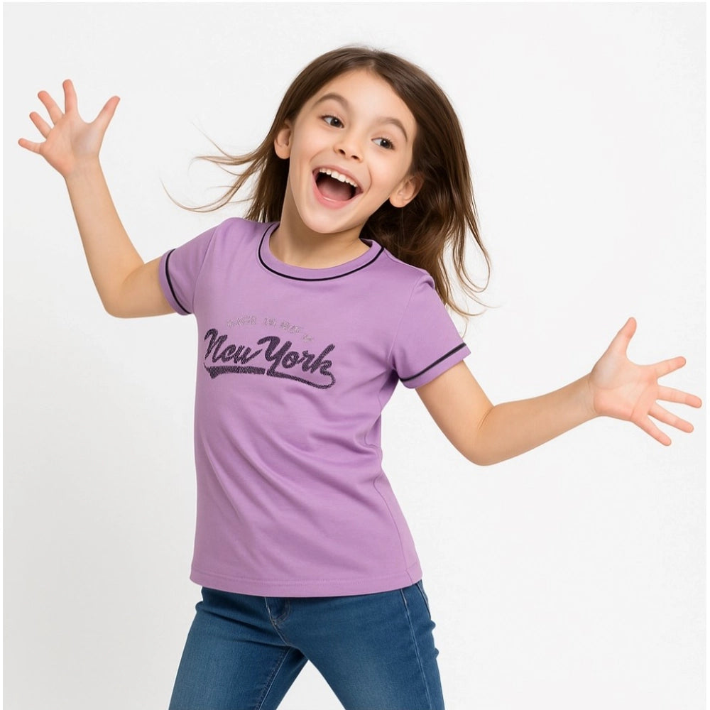 HamariDookan Girl's Cotton Printeded Round Neck T-Shirt (Lavander)