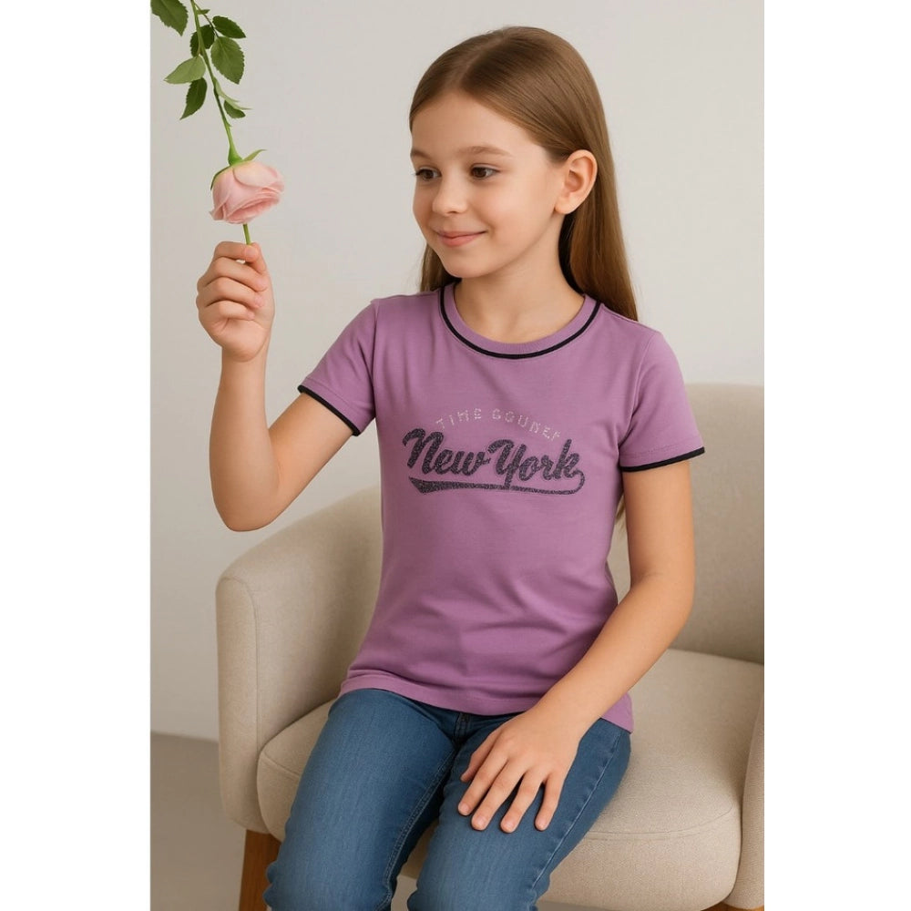 HamariDookan Girl's Cotton Printeded Round Neck T-Shirt (Lavander)