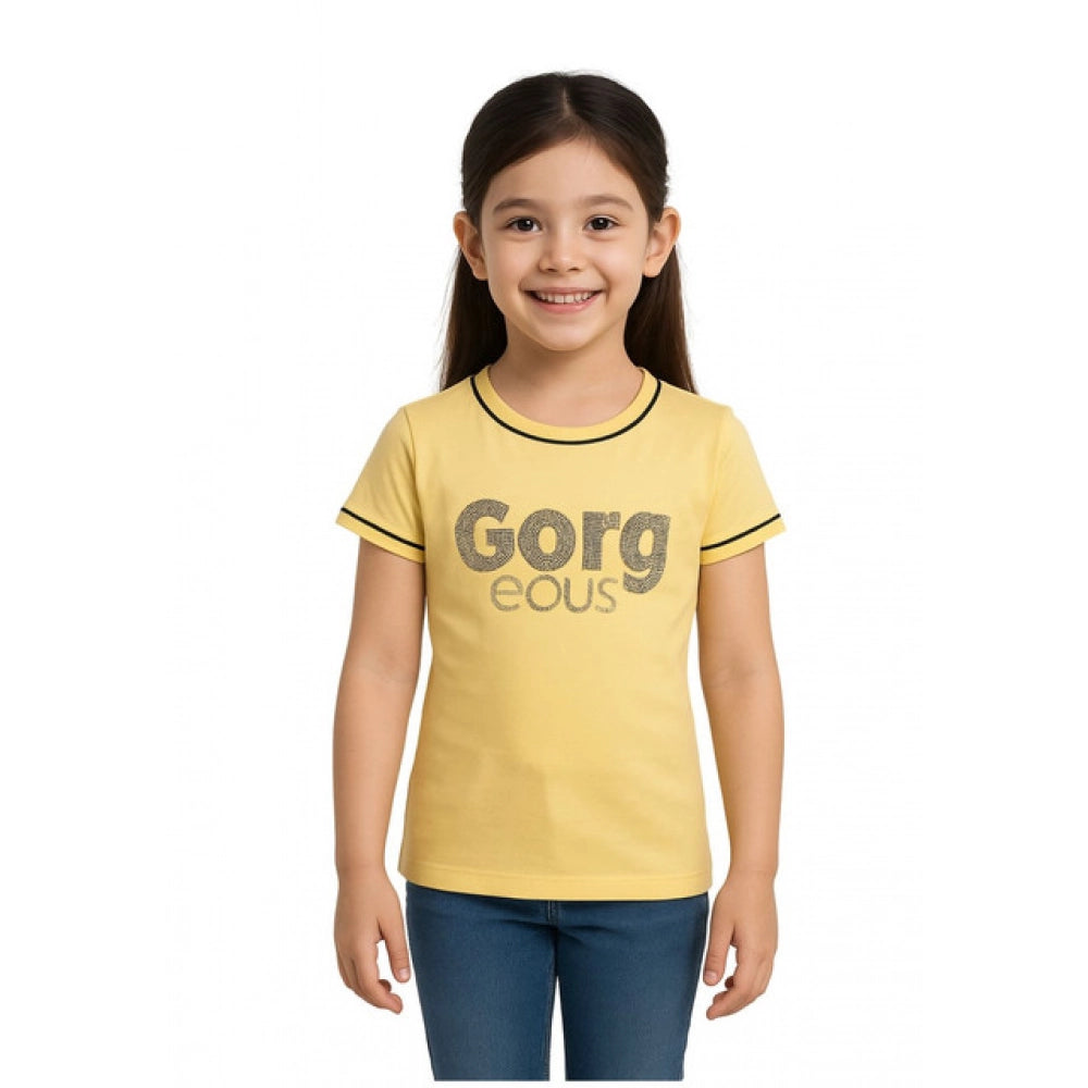HamariDookan Girl's Cotton Printeded Round Neck T-Shirt (Yellow)