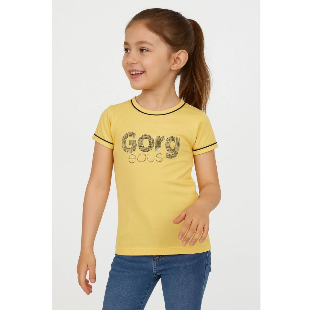 HamariDookan Girl's Cotton Printeded Round Neck T-Shirt (Yellow)
