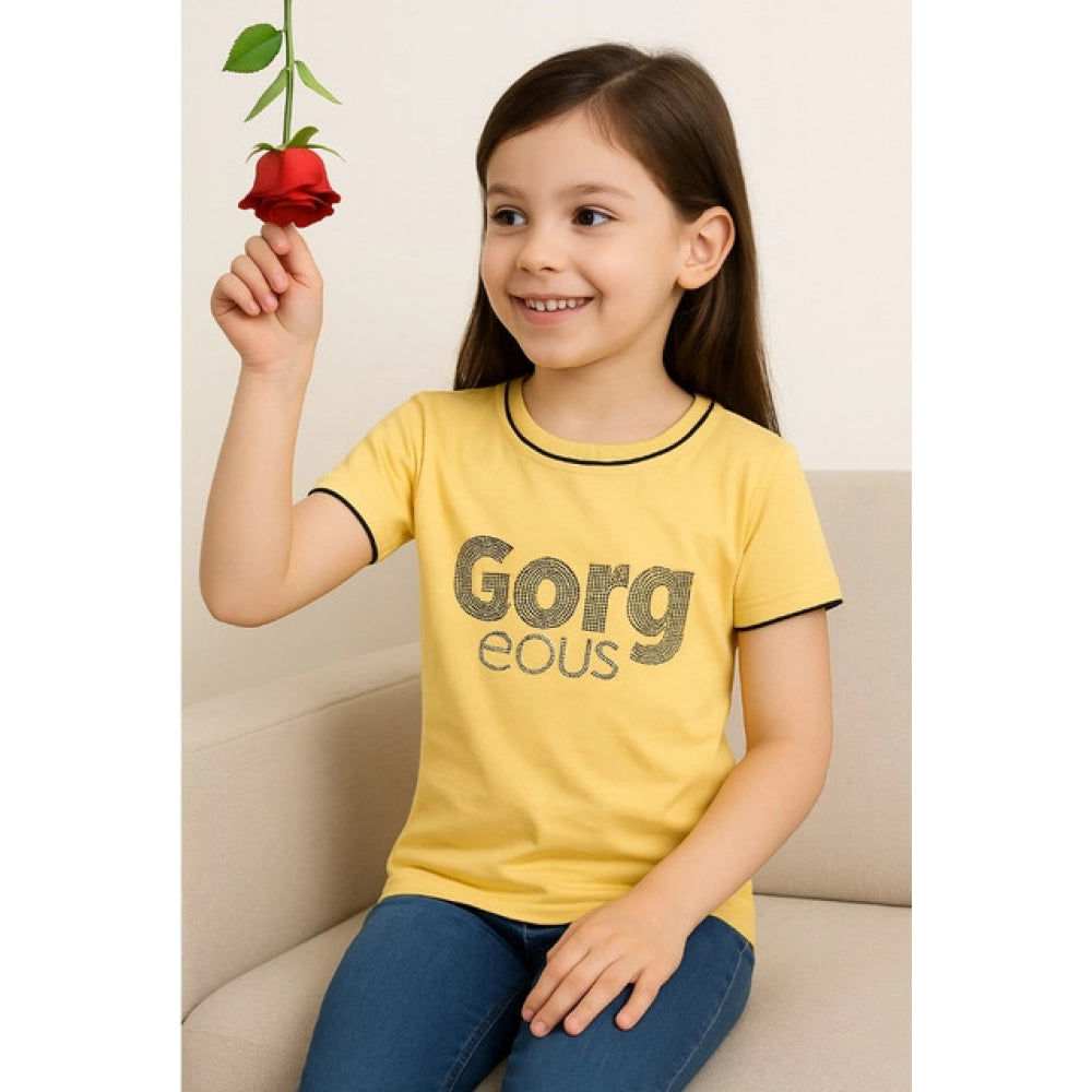 HamariDookan Girl's Cotton Printeded Round Neck T-Shirt (Yellow)