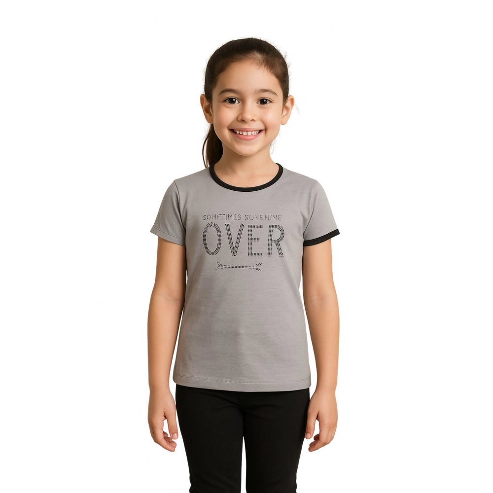 HamariDookan Girl's Cotton Printeded Round Neck T-Shirt (Grey)