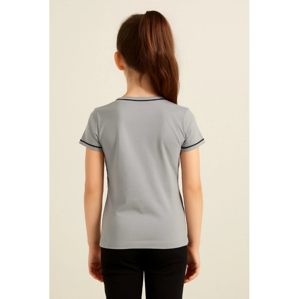 HamariDookan Girl's Cotton Printeded Round Neck T-Shirt (Grey)