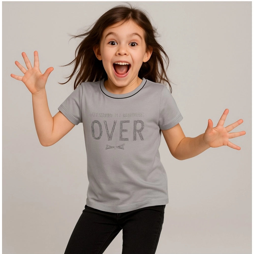 HamariDookan Girl's Cotton Printeded Round Neck T-Shirt (Grey)