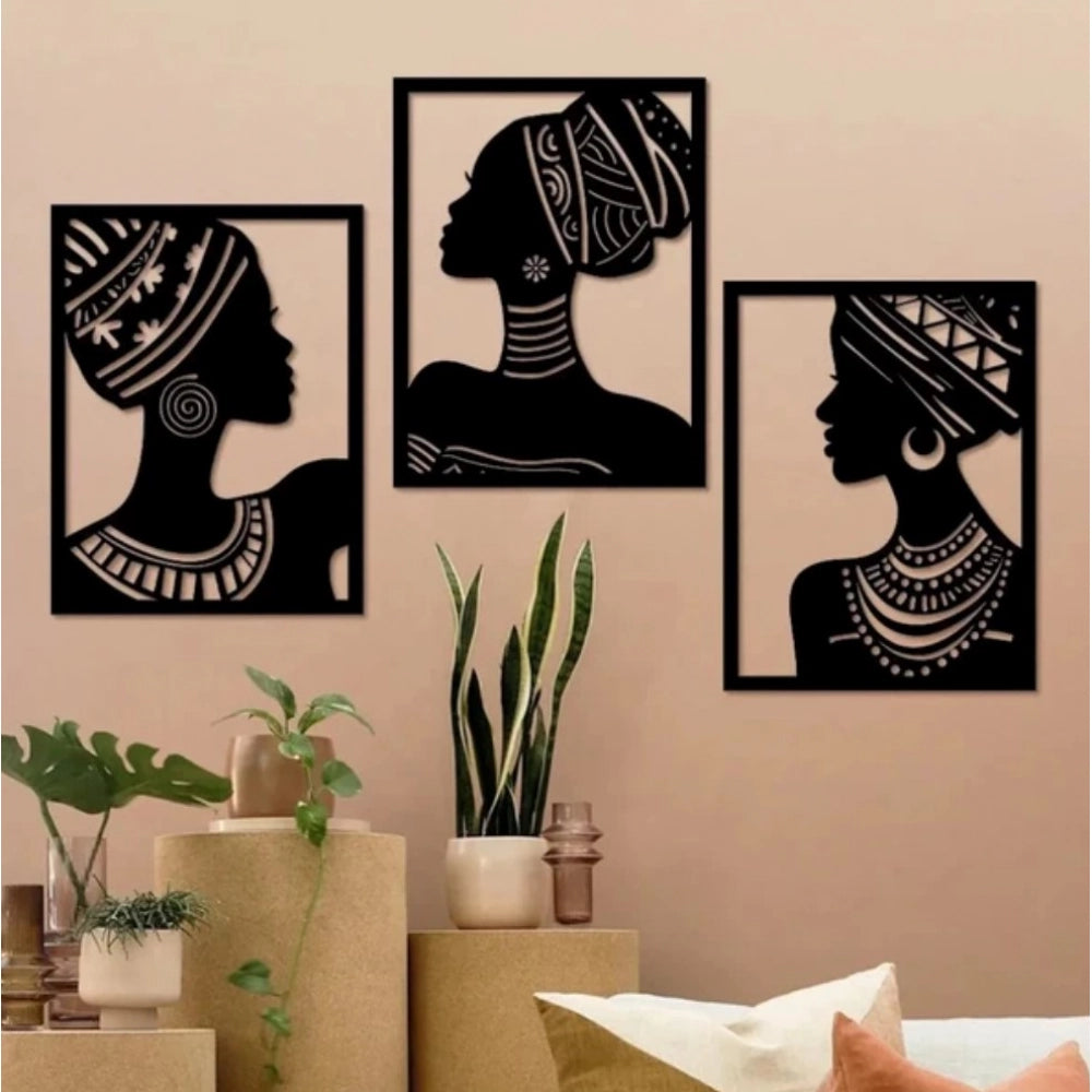 African Elegance Wooden Wall Decor – Set of 3 Panels (Black)