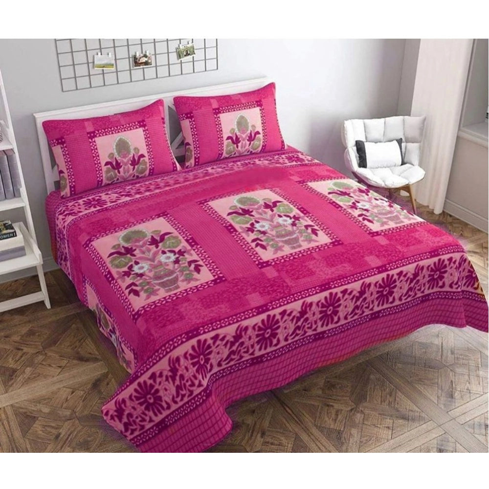 Fleece Floral Printed Double Polar Warm Bedsheet with 2 Pillow Cover (Pink)