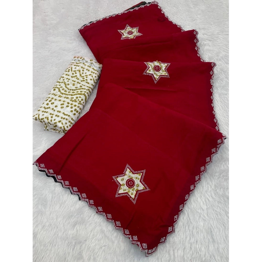 Women's Chiffon Butti Dotted Saree With Unstitched Blouse 5.5Mtr (Red)