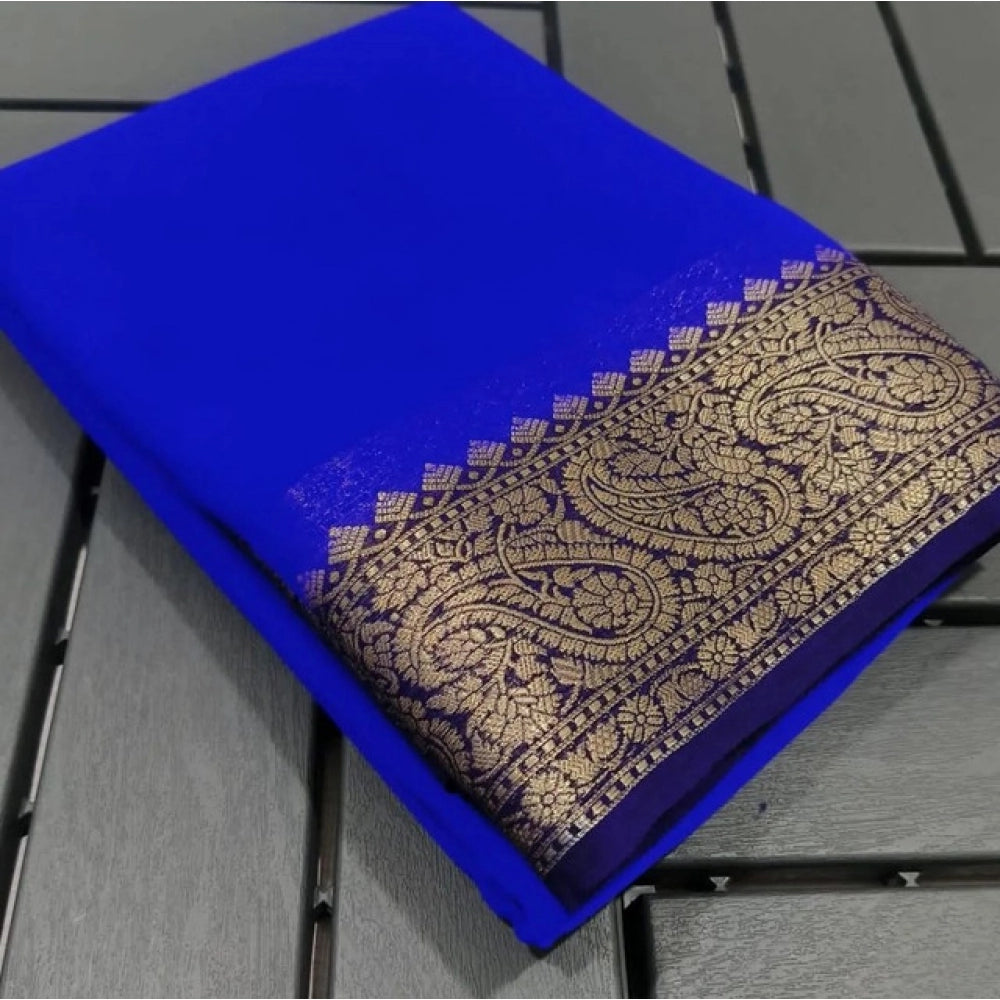Women's Crepe Chit Pallu Solid Saree With Unstitched Blouse 5.5Mtr闁?Navy Blue)